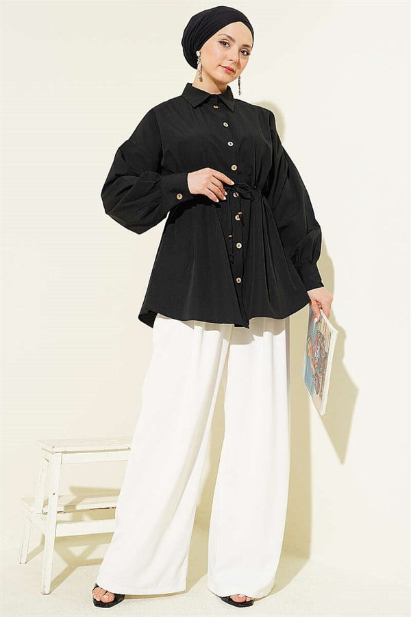 Black Shirt with Wooden Buttons, Waistband and Darts