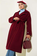Double-breasted, wooden-buttoned, cashmere coat in Burgundy