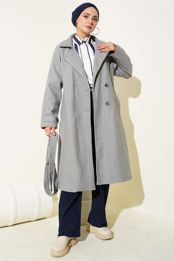 Double-breasted Collar Cashmere Coat with Wooden Buttons in Gray