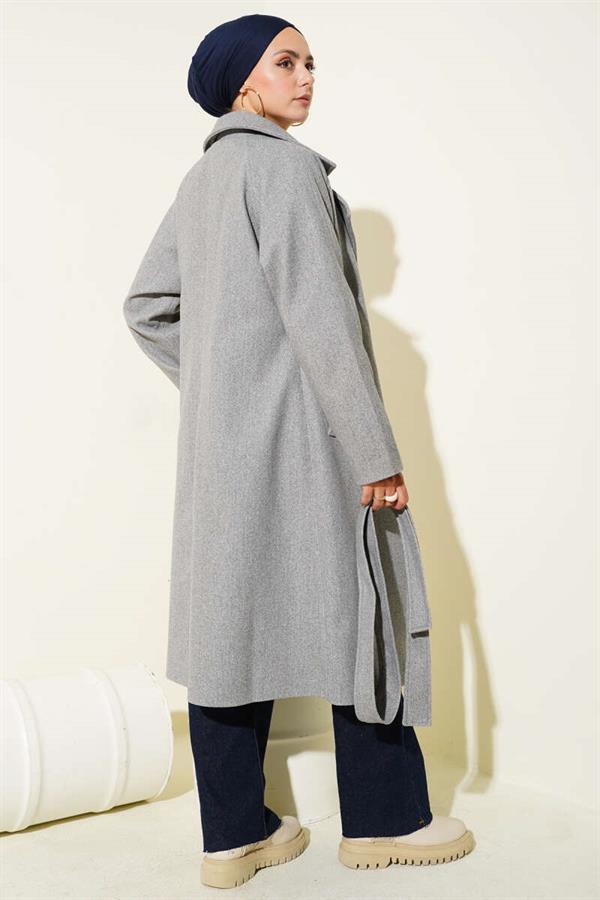 Double-breasted Collar Cashmere Coat with Wooden Buttons in Gray