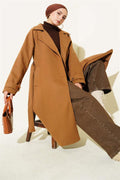 Double-breasted, wooden-buttoned, cashmere coat in tan