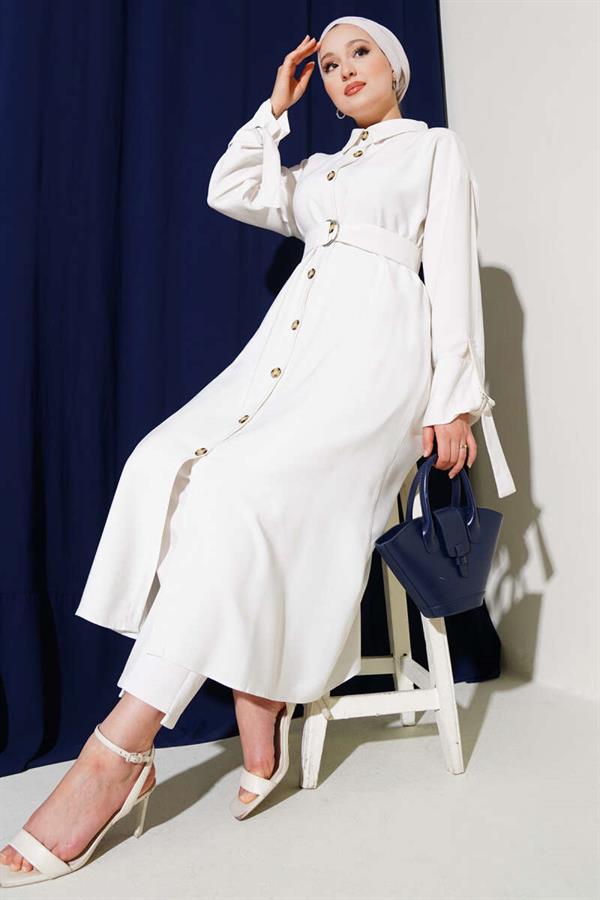 Wooden Buttoned Belted Tencel Long Shirt White