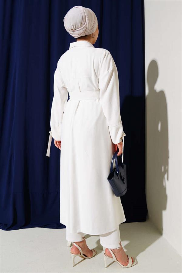 Wooden Buttoned Belted Tencel Long Shirt White
