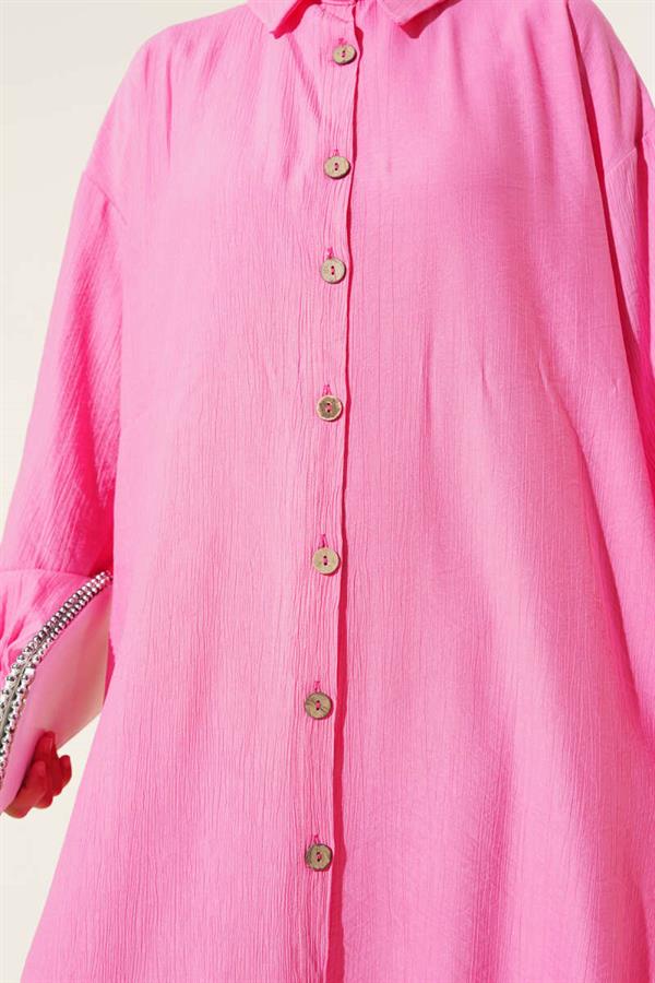 Wooden Buttoned Long Tunic Pink