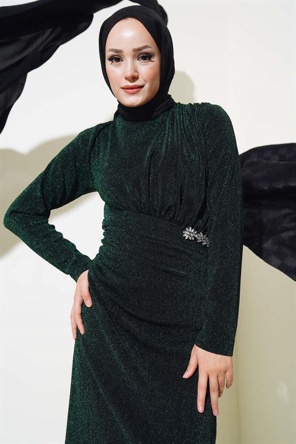 Glittery Dress with Stone Accessories Emerald