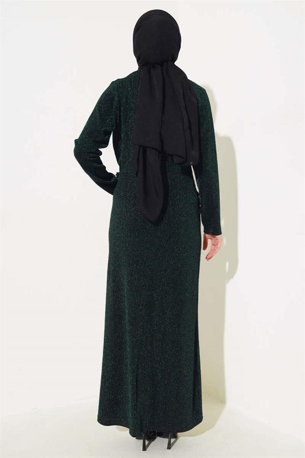 Glittery Dress with Stone Accessories Emerald