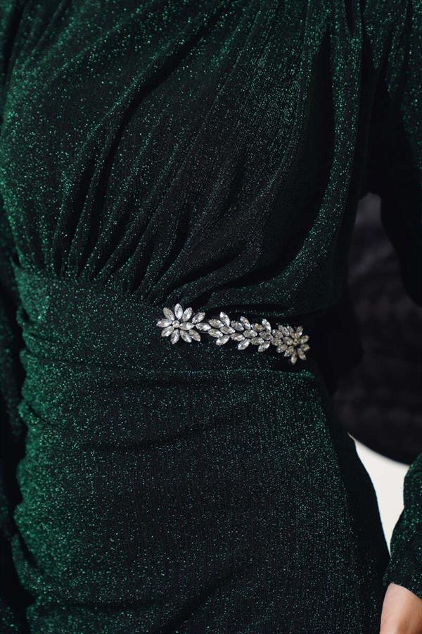 Glittery Dress with Stone Accessories Emerald