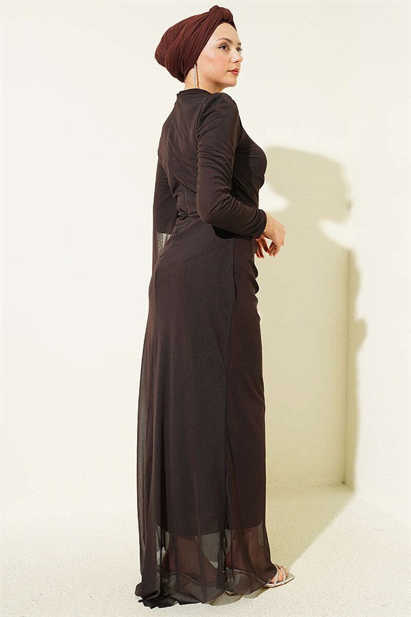 Stone Gathering Detail Evening Dress Dark Brown