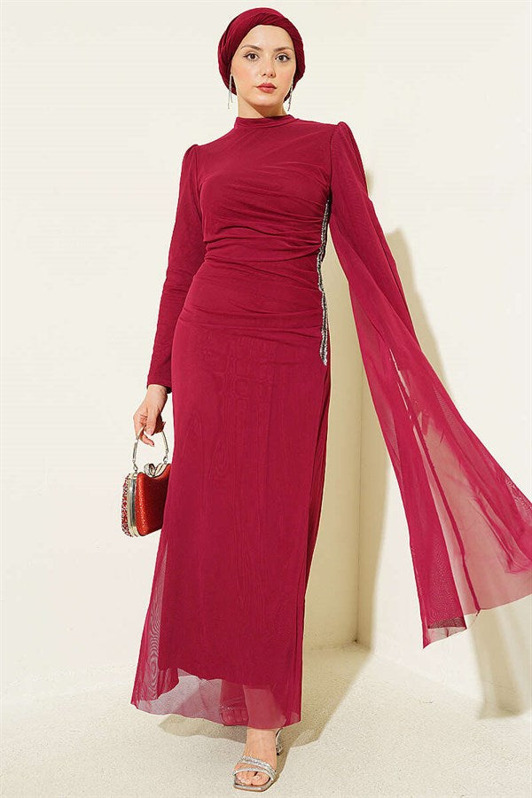 Stone Gathering Detail Evening Dress Burgundy