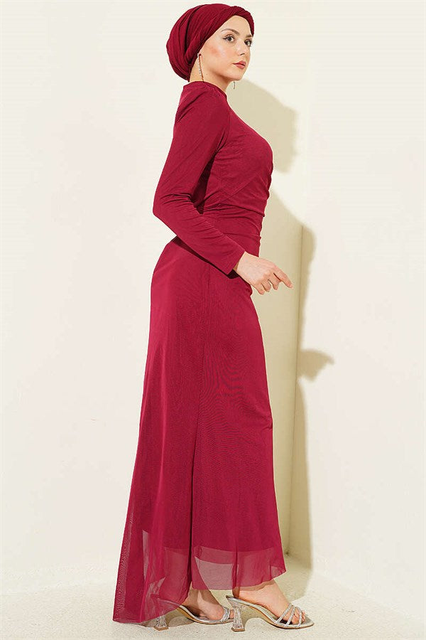 Stone Gathering Detail Evening Dress Burgundy
