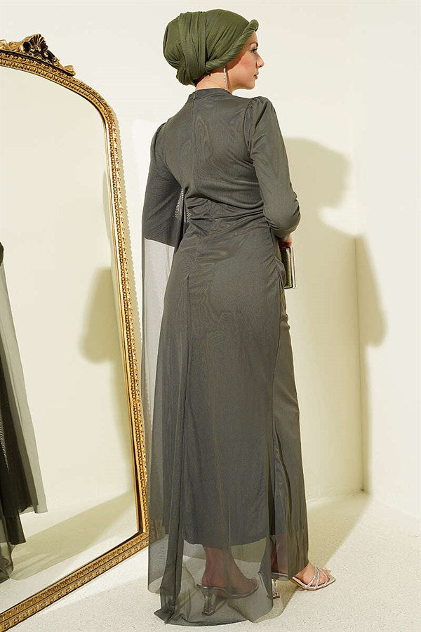 Khaki Evening Dress with Stone Gathering Detail