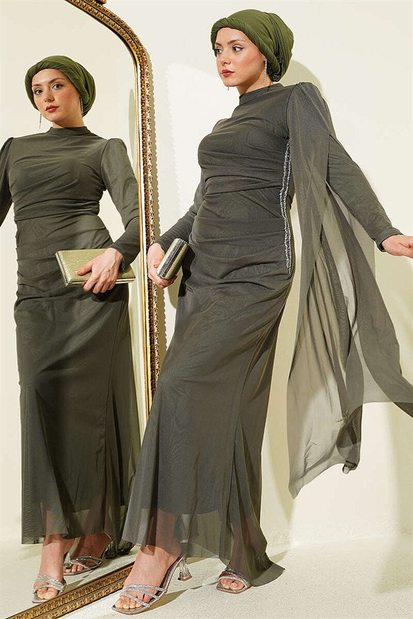 Khaki Evening Dress with Stone Gathering Detail