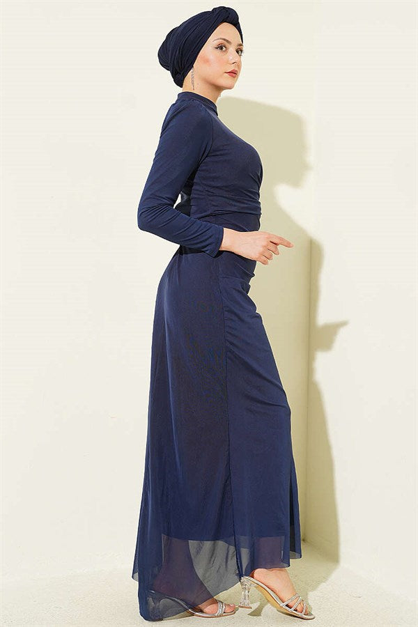 Navy Blue Evening Dress with Stone Gathering Detail