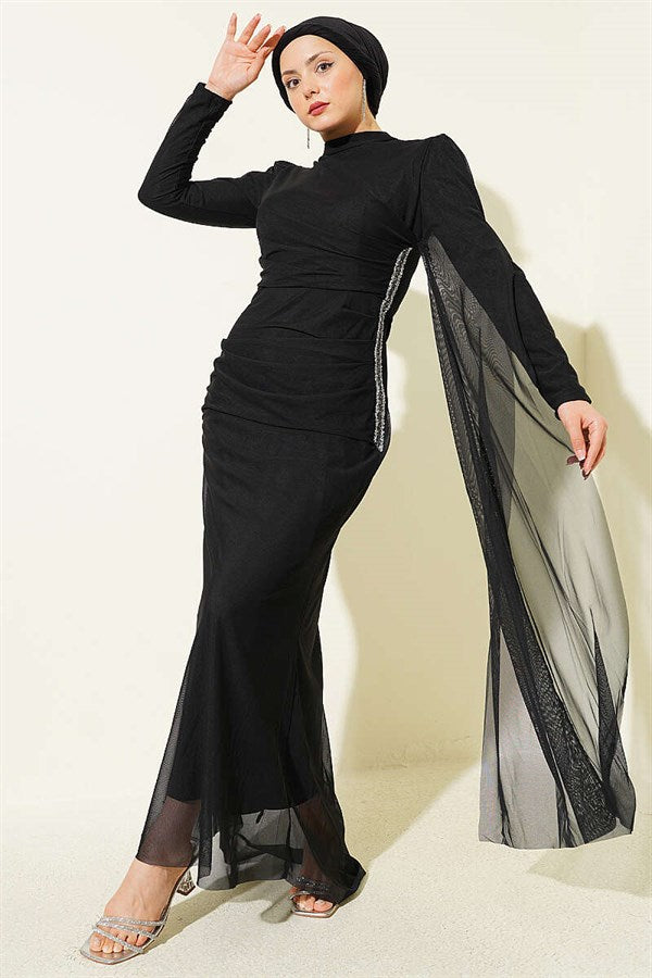Stone Gathering Detail Evening Dress Black