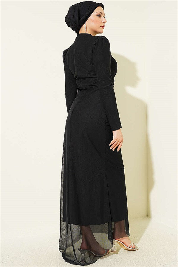 Stone Gathering Detail Evening Dress Black