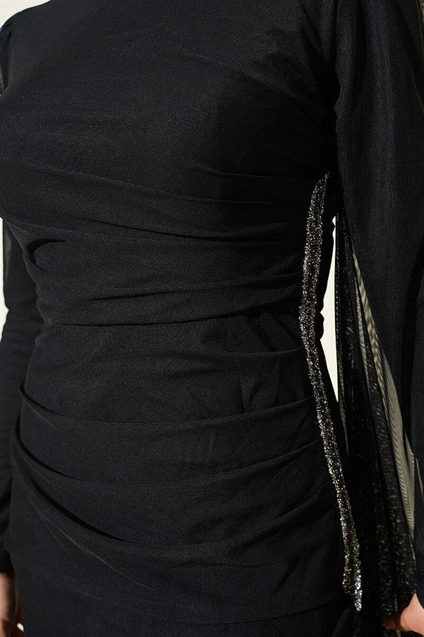 Stone Gathering Detail Evening Dress Black