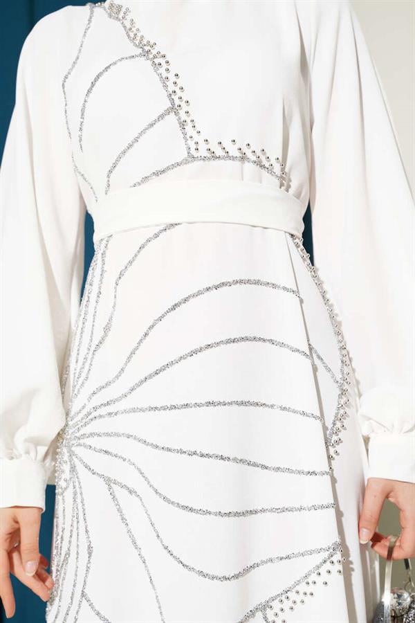 White Evening Dress with Stone Flower Decorations