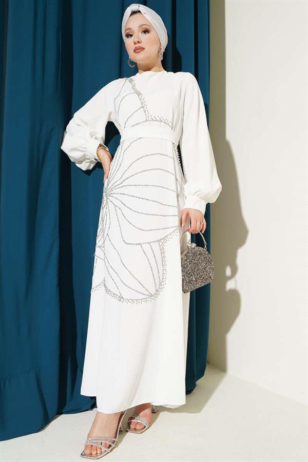 White Evening Dress with Stone Flower Decorations