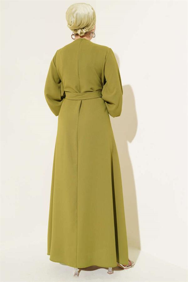 Evening Dress with Stone Flower Decorations, Oil Green