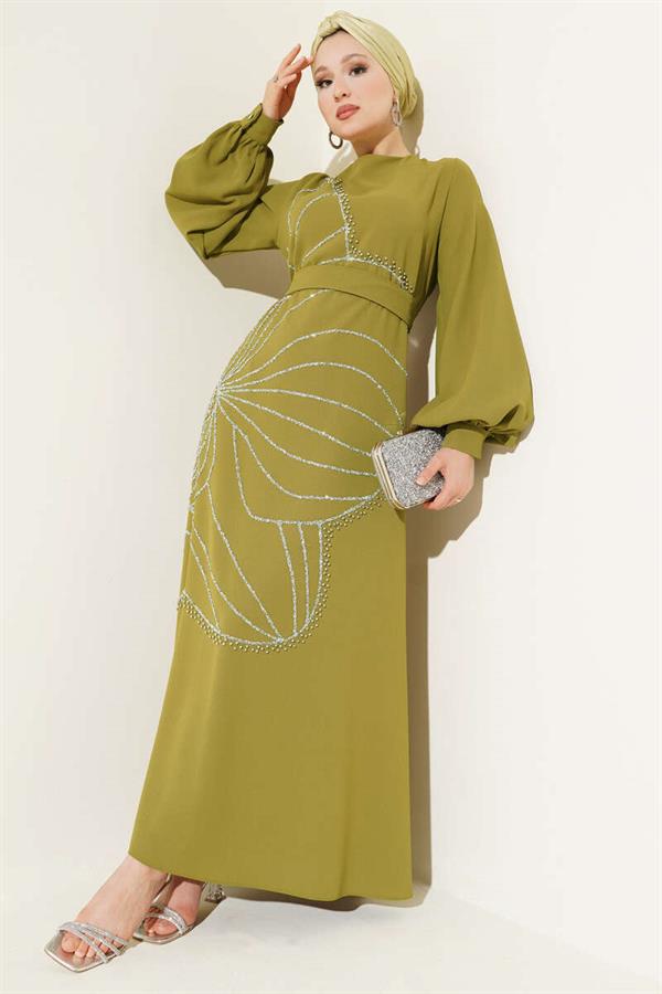 Evening Dress with Stone Flower Decorations, Oil Green