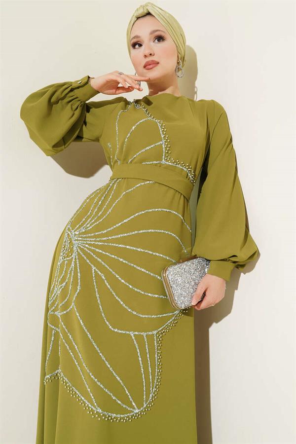 Evening Dress with Stone Flower Decorations, Oil Green