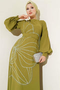 Evening Dress with Stone Flower Decorations, Oil Green
