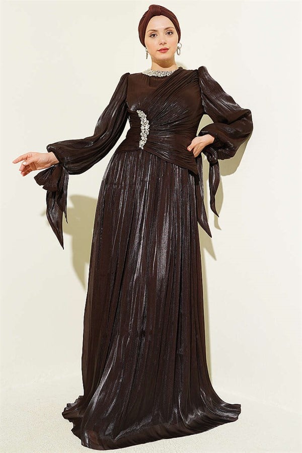 Stone-Detailed Draped Evening Dress in Dark Brown
