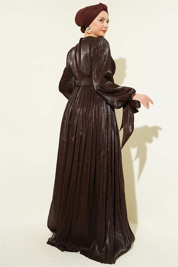 Stone-Detailed Draped Evening Dress in Dark Brown