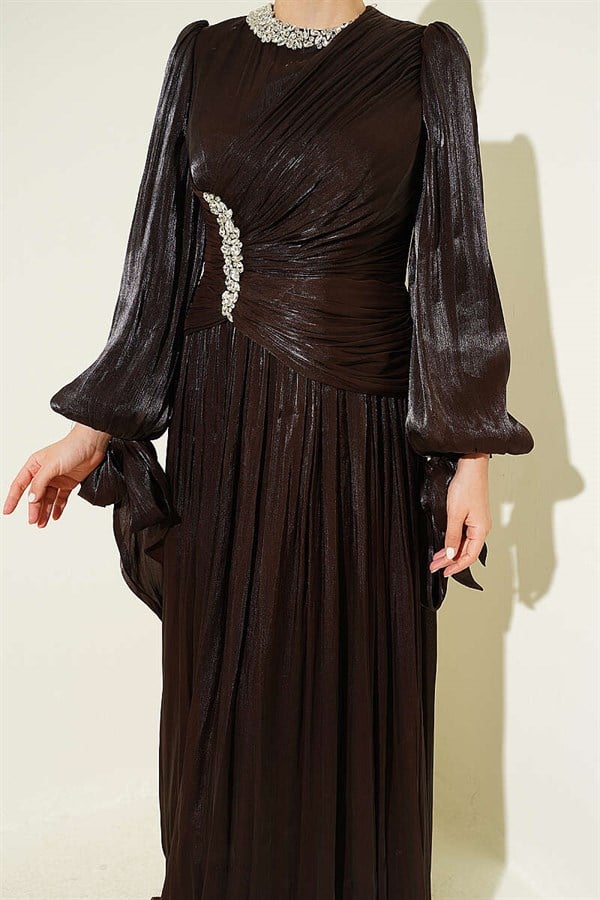 Stone-Detailed Draped Evening Dress in Dark Brown