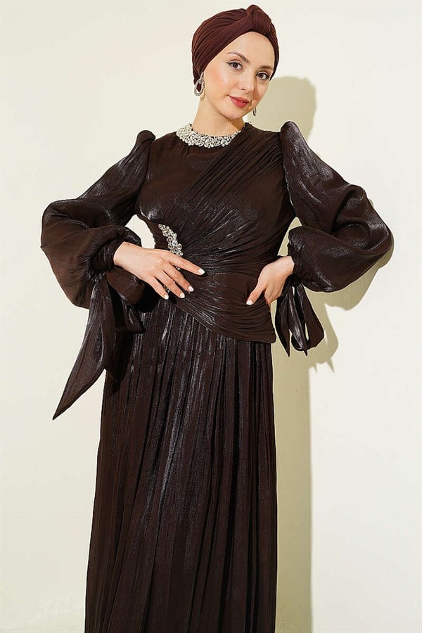 Stone-Detailed Draped Evening Dress in Dark Brown