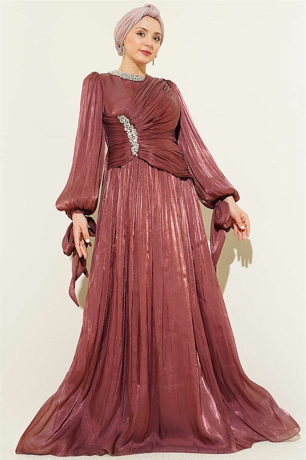 Stone-Detailed Draped Evening Dress, Rose Pink