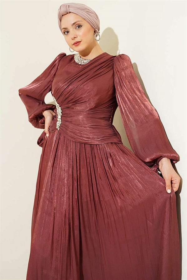 Stone-Detailed Draped Evening Dress, Rose Pink