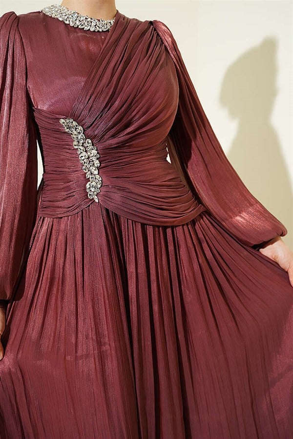 Stone-Detailed Draped Evening Dress, Rose Pink