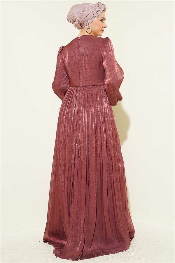 Stone-Detailed Draped Evening Dress, Rose Pink