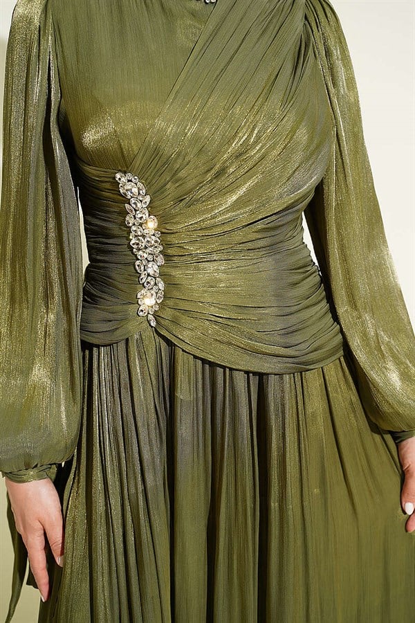 Stone-Detailed Draped Evening Dress, Khaki