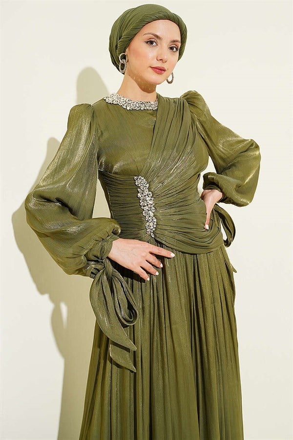 Stone-Detailed Draped Evening Dress, Khaki