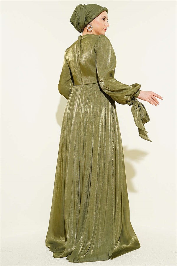 Stone-Detailed Draped Evening Dress, Khaki