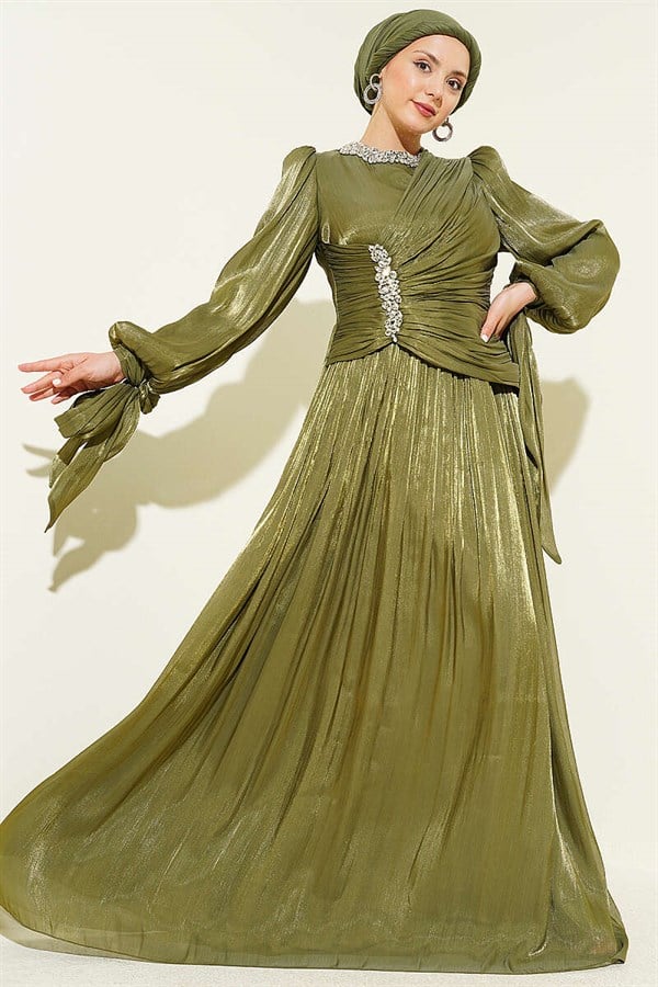 Stone-Detailed Draped Evening Dress, Khaki