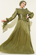 Stone-Detailed Draped Evening Dress, Khaki
