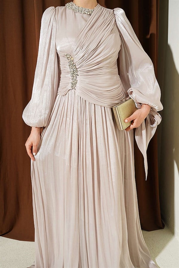 Stone-Detailed Draped Evening Dress