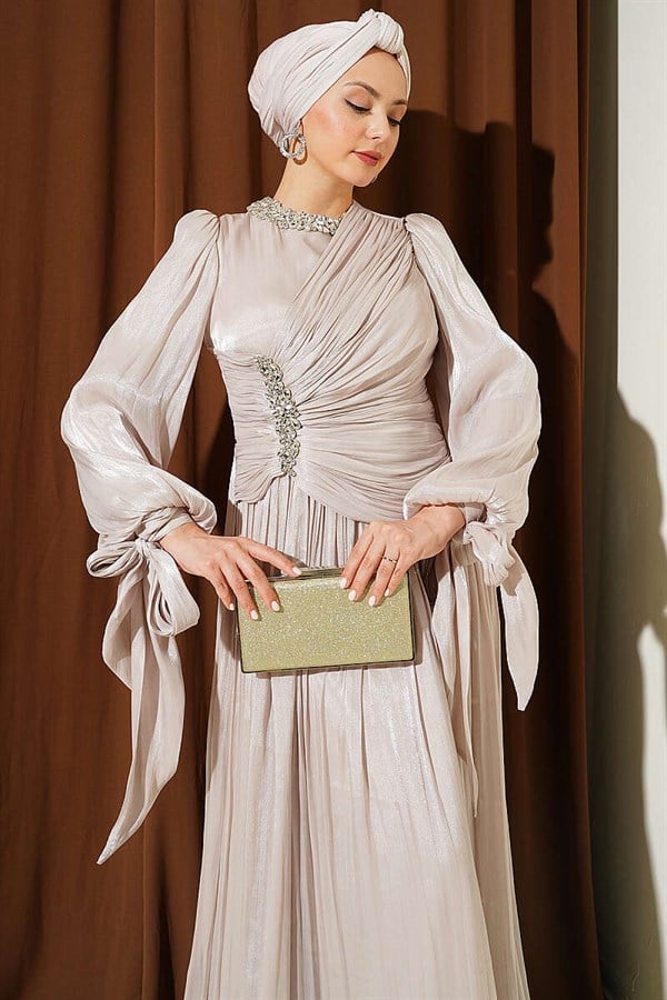 Stone-Detailed Draped Evening Dress