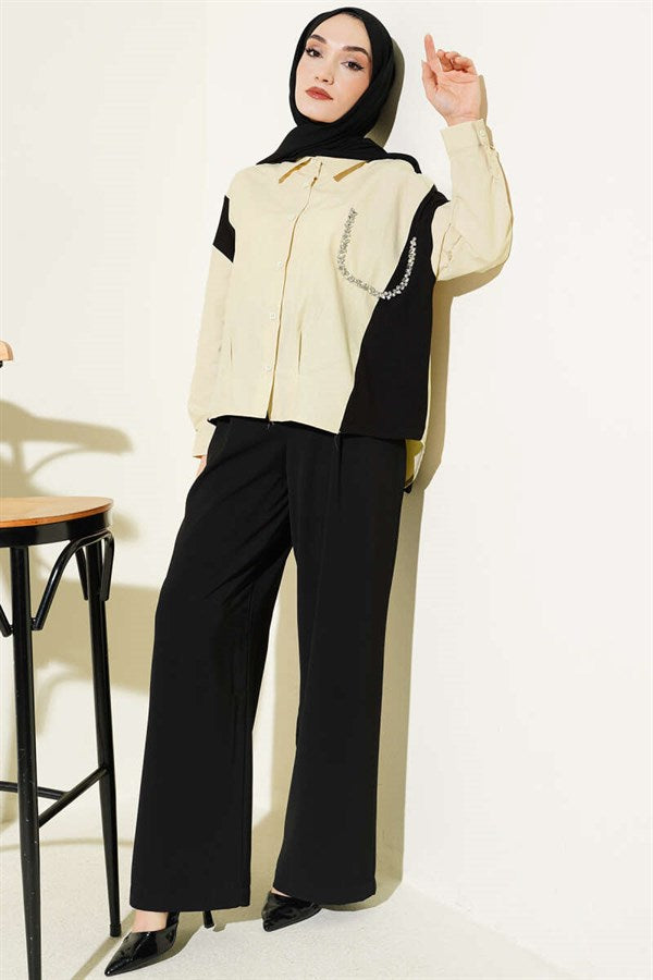 Stone Detail Embellished Shirt, Beige