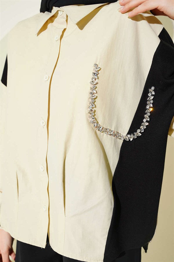 Stone Detail Embellished Shirt, Beige
