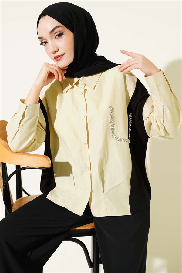 Stone Detail Embellished Shirt, Beige