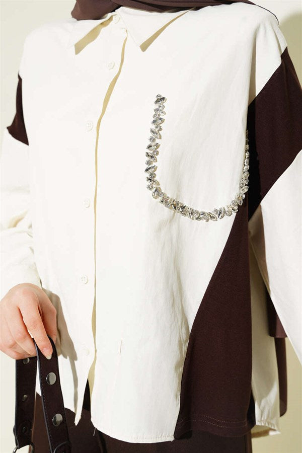 Stone Detail Embellished Shirt, Ecru
