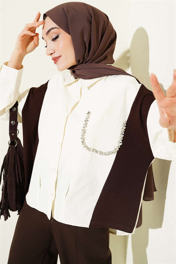 Stone Detail Embellished Shirt, Ecru