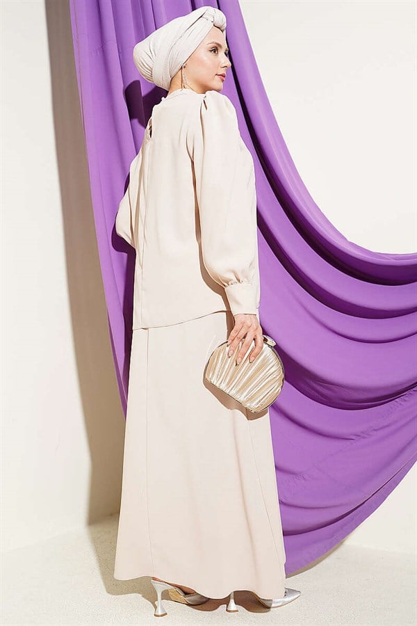 Stone Detail Vest 2 Piece Set, Beige