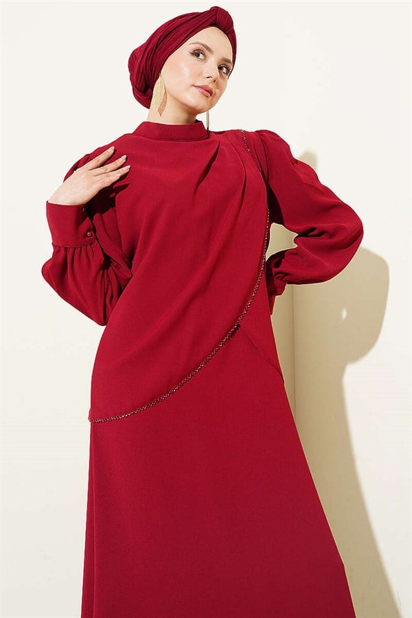 Stone Detail Vest 2 Piece Set Burgundy