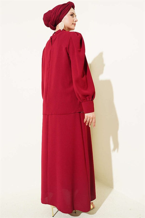 Stone Detail Vest 2 Piece Set Burgundy