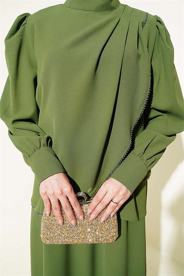 Stone Detail Vest 2 Piece Set, Khaki